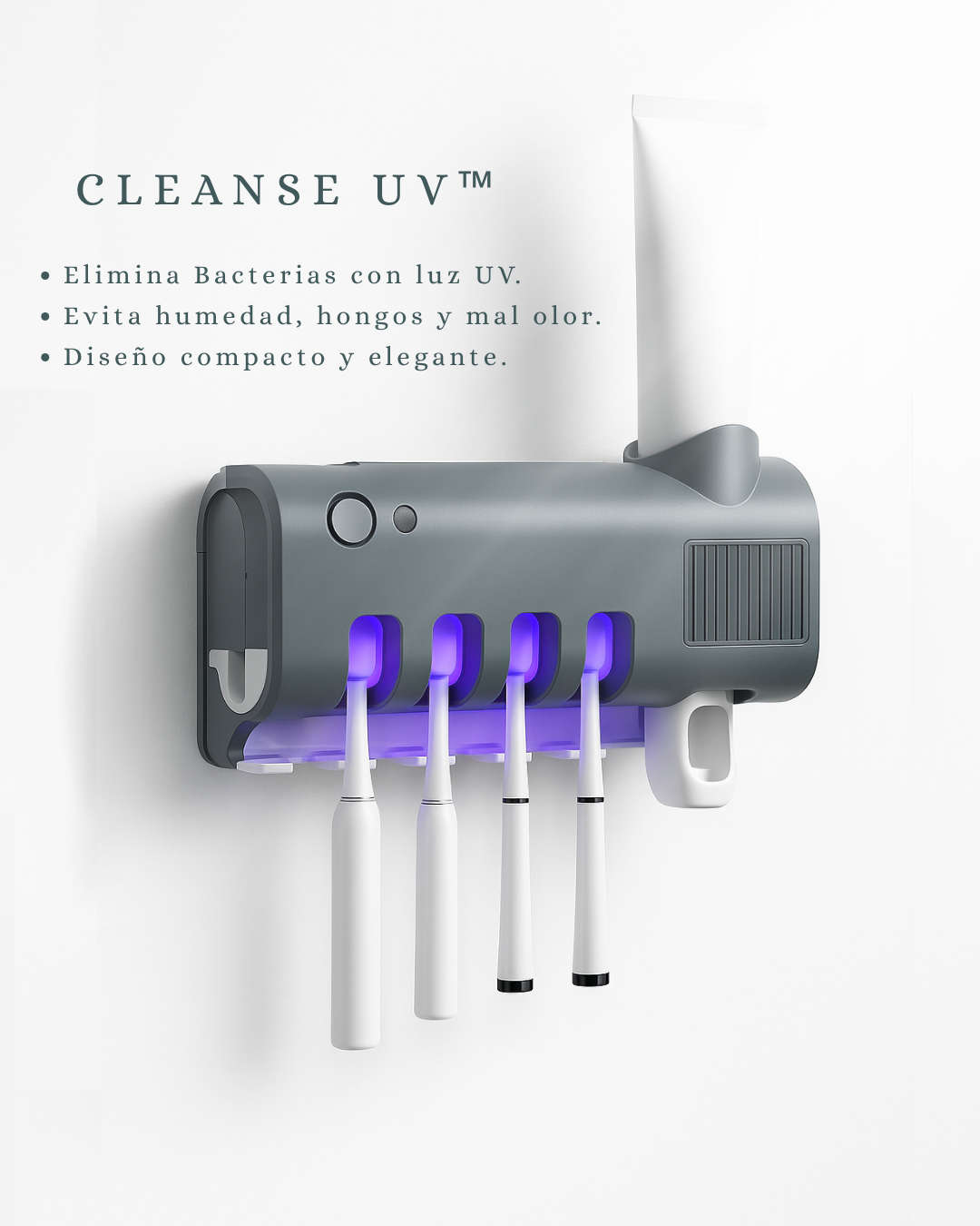CleanseUV™ – Dispensador Automático de Pasta + Porta Cepillos con Luz UV Antibacteriana